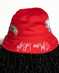 More Life CLT R&B Patchwork Distressed Bucket Hat Red – front view on model showing More Life Charlotte NC logo and R&B microphone patch close-up