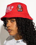 More Life CLT R&B Patchwork Distressed Bucket Hat Red – back view showing Army badge patch and Shit Happens toilet paper roll patch
