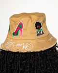 More Life CLT AKA Sorority Patchwork Distressed Bucket Hat Tan – back view showing AKA pink high heel patch and AKA woman portrait patch with More Life brim embroidery