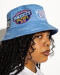More Life CLT Breezy Bowl XX Patchwork Distressed Bucket Hat Light Blue – side view on model showing Breezy Bowl XX circular patch and More Life Charlotte NC logo