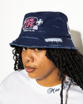 More Life CLT CB Breezy Bowl Stadium Tour Patchwork Distressed Bucket Hat Navy Blue – front view on model showing More Life Charlotte NC logo and graffiti drip tab patch