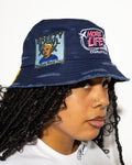 More Life CLT CB Breezy Bowl Stadium Tour Patchwork Distressed Bucket Hat Navy Blue – side view on model showing Breezy Bowl XX Stadium World Tour illustrated patch and More Life Charlotte NC logo