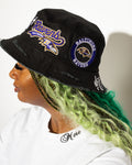 More Life CLT Baltimore Ravens Patchwork Distressed Bucket Hat Black – side view showing Ravens script and circular badge patches