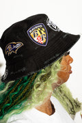 More Life CLT Baltimore Ravens Patchwork Distressed Bucket Hat Black – side view showing Ravens shield and bird logo patches