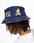 More Life CLT Charlotte Patchwork Distressed Bucket Hat Navy Blue – back view showing NYC skyline and flying reindeer patches
