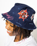 More Life CLT Charlotte Patchwork Distressed Bucket Hat Navy Blue – side view showing Punk's Not Dead and daisy patches