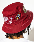 More Life CLT Eat Me Out Patchwork Distressed Bucket Hat Burgundy – back view showing rocket ship patch and More Life Charlotte NC logo