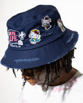 More Life CLT Hello Kitty Patchwork Distressed Bucket Hat Navy Blue – back view showing More Life Charlotte NC logo and Hello Kitty patches